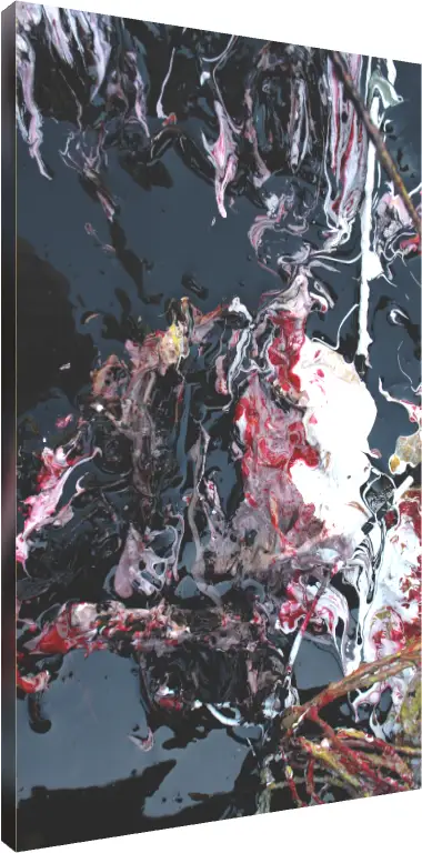 A vertical abstract print showcasing swirling patterns of crimson red, white, and pink paint over a glossy deep blue-black background. | PrintPosters.in