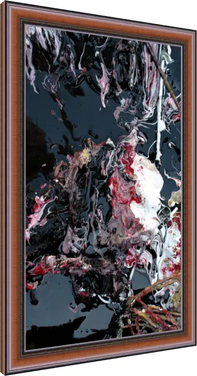 A vertical abstract print showcasing swirling patterns of crimson red, white, and pink paint over a glossy deep blue-black background. — photo frame preview | PrintPosters.in