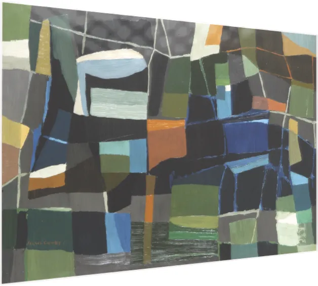 A geometric abstract painting featuring interlocking blocks of green, blue, black, grey, and orange. — acrylic preview | PrintPosters.in