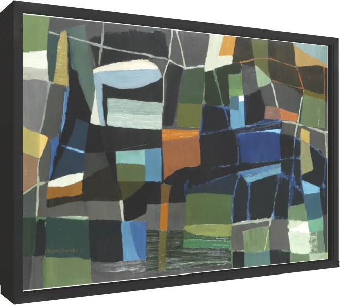 A geometric abstract painting featuring interlocking blocks of green, blue, black, grey, and orange. — floater frame preview | PrintPosters.in