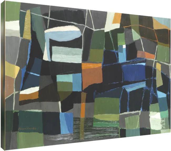 A geometric abstract painting featuring interlocking blocks of green, blue, black, grey, and orange. | PrintPosters.in