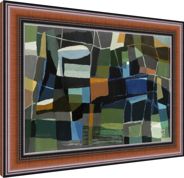 A geometric abstract painting featuring interlocking blocks of green, blue, black, grey, and orange. — photo frame preview | PrintPosters.in