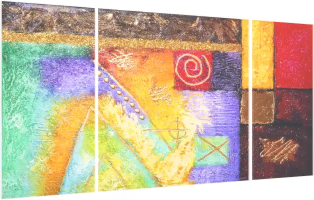 A vibrant three-panel abstract canvas print featuring rich textures, geometric shapes, a gold spiral, and glittering gold accents. — acrylic preview | PrintPosters.in