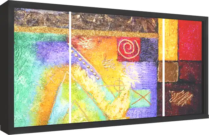 A vibrant three-panel abstract canvas print featuring rich textures, geometric shapes, a gold spiral, and glittering gold accents. — floater frame preview | PrintPosters.in