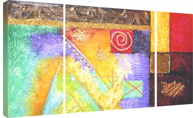 A vibrant three-panel abstract canvas print featuring rich textures, geometric shapes, a gold spiral, and glittering gold accents. | PrintPosters.in