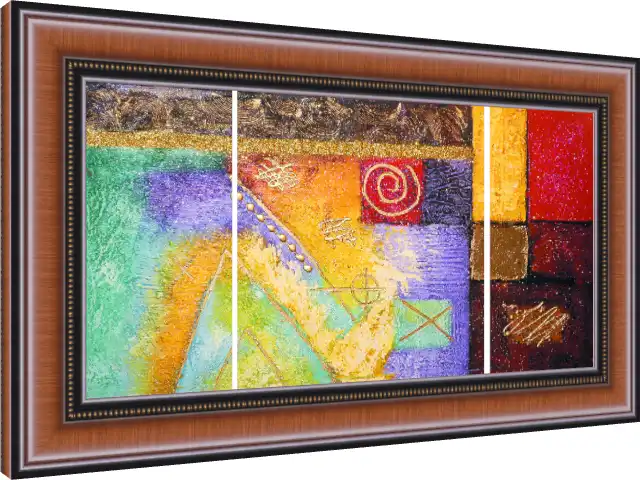 A vibrant three-panel abstract canvas print featuring rich textures, geometric shapes, a gold spiral, and glittering gold accents. — photo frame preview | PrintPosters.in