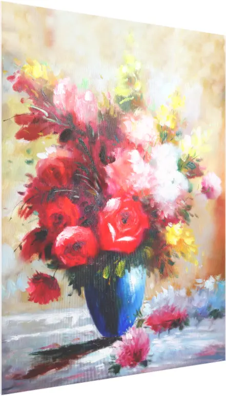 Impressionist oil painting of red roses and pink flowers in a blue vase on a textured beige background. — acrylic preview | PrintPosters.in