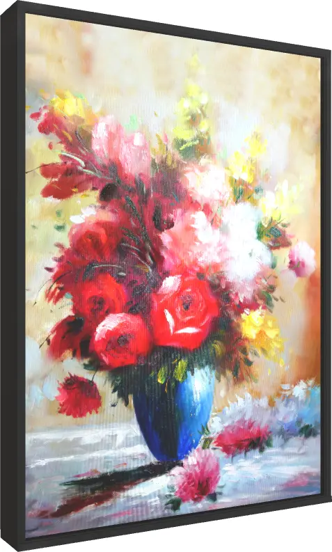 Impressionist oil painting of red roses and pink flowers in a blue vase on a textured beige background. — floater frame preview | PrintPosters.in