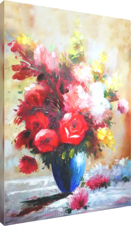 Impressionist oil painting of red roses and pink flowers in a blue vase on a textured beige background. | PrintPosters.in