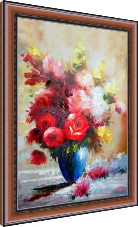 Impressionist oil painting of red roses and pink flowers in a blue vase on a textured beige background. — photo frame preview | PrintPosters.in