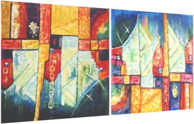 A two-panel modern abstract painting featuring textured geometric shapes in blue, yellow, red, and white. — acrylic preview | PrintPosters.in