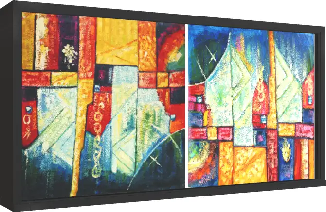 A two-panel modern abstract painting featuring textured geometric shapes in blue, yellow, red, and white. — floater frame preview | PrintPosters.in