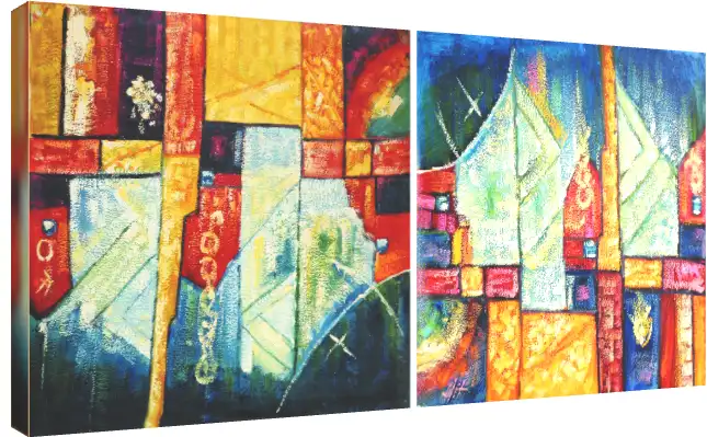 A two-panel modern abstract painting featuring textured geometric shapes in blue, yellow, red, and white. | PrintPosters.in