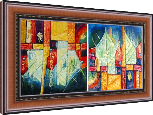 A two-panel modern abstract painting featuring textured geometric shapes in blue, yellow, red, and white. — photo frame preview | PrintPosters.in