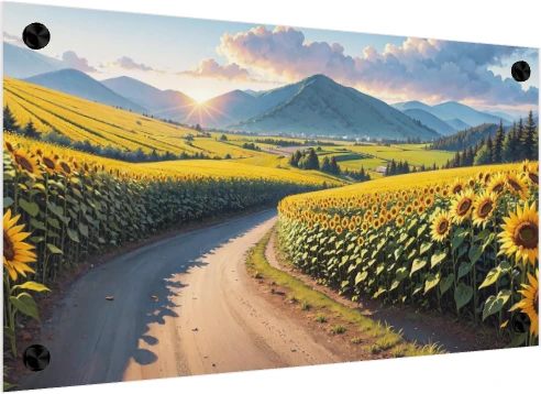 A winding road curving through a vast golden sunflower field leading toward sunlit green mountains. — acrylic preview | PrintPosters.in