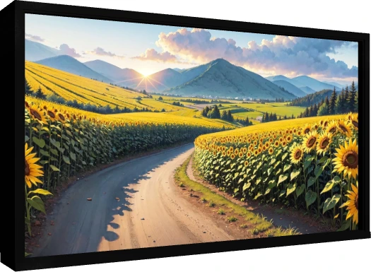 A winding road curving through a vast golden sunflower field leading toward sunlit green mountains. — floater frame preview | PrintPosters.in