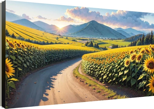 A winding road curving through a vast golden sunflower field leading toward sunlit green mountains. | PrintPosters.in