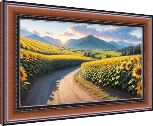 A winding road curving through a vast golden sunflower field leading toward sunlit green mountains. — photo frame preview | PrintPosters.in