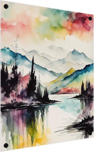 Abstract watercolor landscape of mountains reflected in a serene lake with dark tree silhouettes under a colorful sky. — acrylic preview | PrintPosters.in