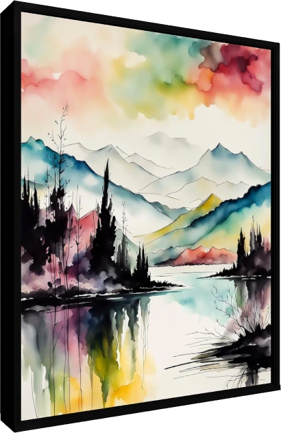 Abstract watercolor landscape of mountains reflected in a serene lake with dark tree silhouettes under a colorful sky. — floater frame preview | PrintPosters.in