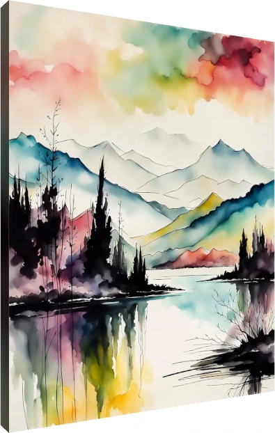 Abstract watercolor landscape of mountains reflected in a serene lake with dark tree silhouettes under a colorful sky. | PrintPosters.in