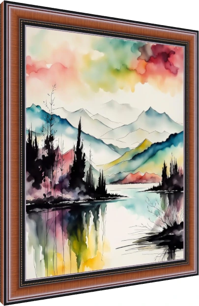 Abstract watercolor landscape of mountains reflected in a serene lake with dark tree silhouettes under a colorful sky. — photo frame preview | PrintPosters.in