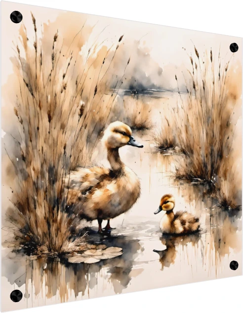 A soft watercolor painting of a duck and a small duckling standing amongst tall reed grasses near water. — acrylic preview | PrintPosters.in