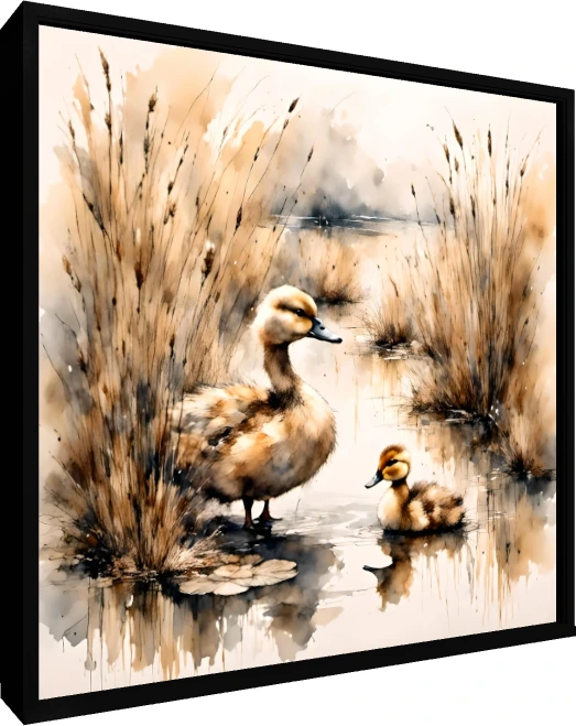 A soft watercolor painting of a duck and a small duckling standing amongst tall reed grasses near water. — floater frame preview | PrintPosters.in