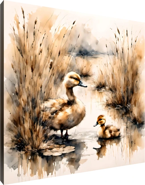 A soft watercolor painting of a duck and a small duckling standing amongst tall reed grasses near water. | PrintPosters.in