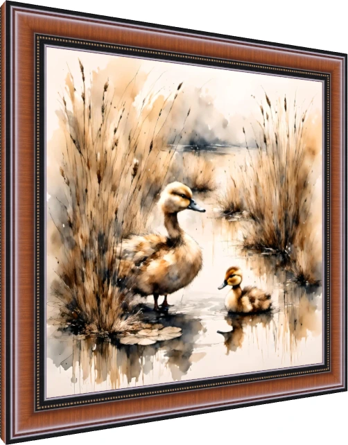 A soft watercolor painting of a duck and a small duckling standing amongst tall reed grasses near water. — photo frame preview | PrintPosters.in