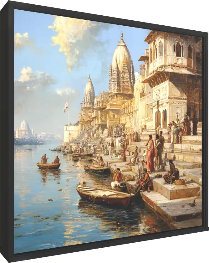Serene Ganges Waterway Cultural Print — floater frame preview | PrintPosters.in
