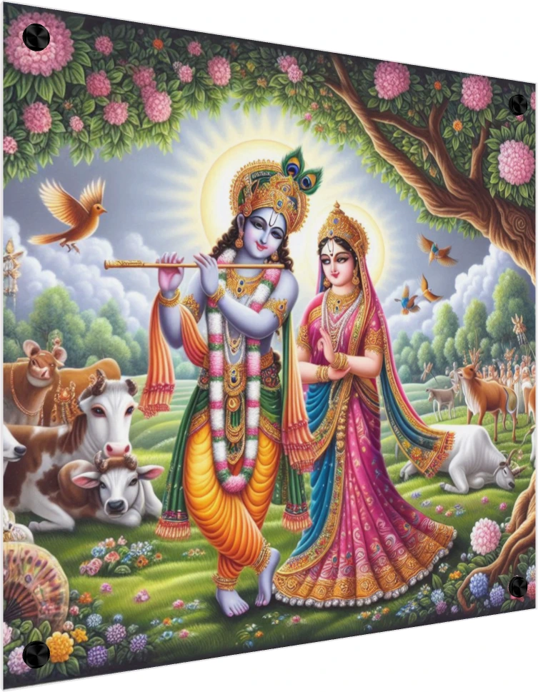 Vibrant digital painting of Lord Krishna playing flute beside Radha Rani in Vrindavan with cows and birds. — acrylic preview | PrintPosters.in