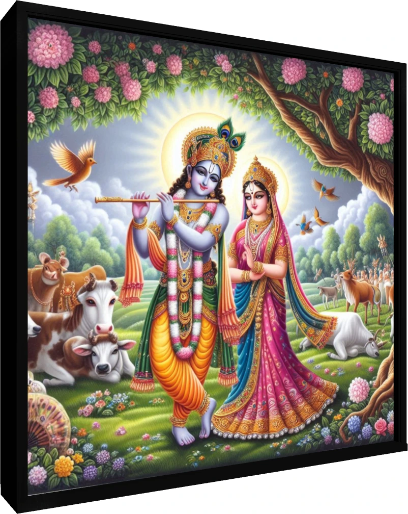 Vibrant digital painting of Lord Krishna playing flute beside Radha Rani in Vrindavan with cows and birds. — floater frame preview | PrintPosters.in