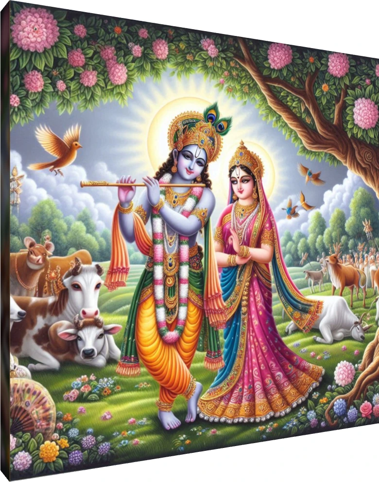 Vibrant digital painting of Lord Krishna playing flute beside Radha Rani in Vrindavan with cows and birds. | PrintPosters.in