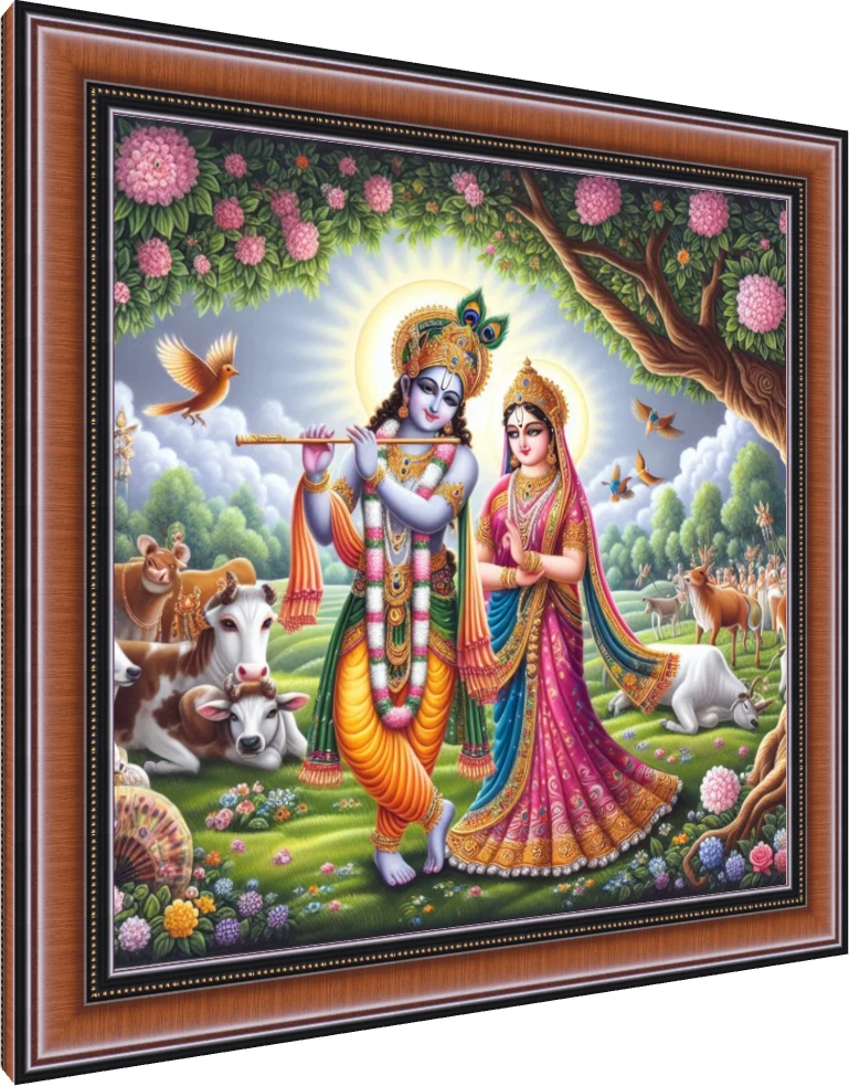 Vibrant digital painting of Lord Krishna playing flute beside Radha Rani in Vrindavan with cows and birds. — photo frame preview | PrintPosters.in
