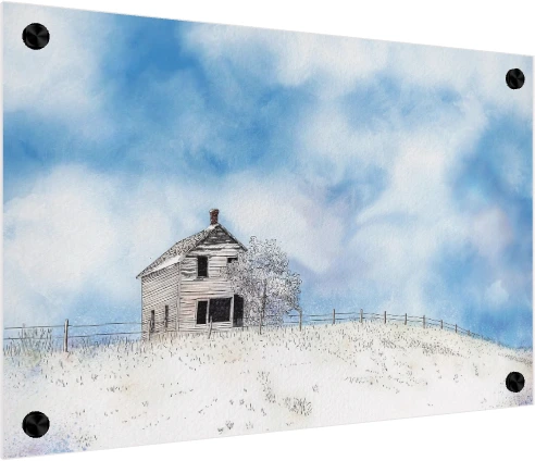 Pen and ink line drawing of a two-story rustic wooden cottage on a snowy hill under a soft blue sky. — acrylic preview | PrintPosters.in