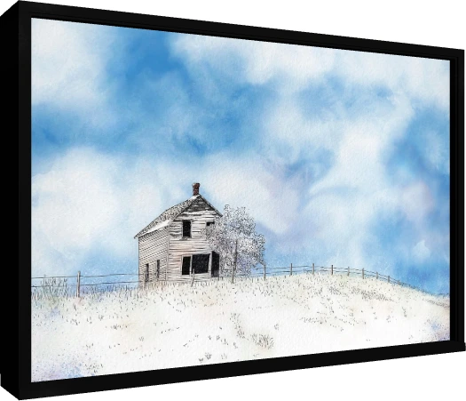 Pen and ink line drawing of a two-story rustic wooden cottage on a snowy hill under a soft blue sky. — floater frame preview | PrintPosters.in