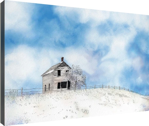 Pen and ink line drawing of a two-story rustic wooden cottage on a snowy hill under a soft blue sky. | PrintPosters.in