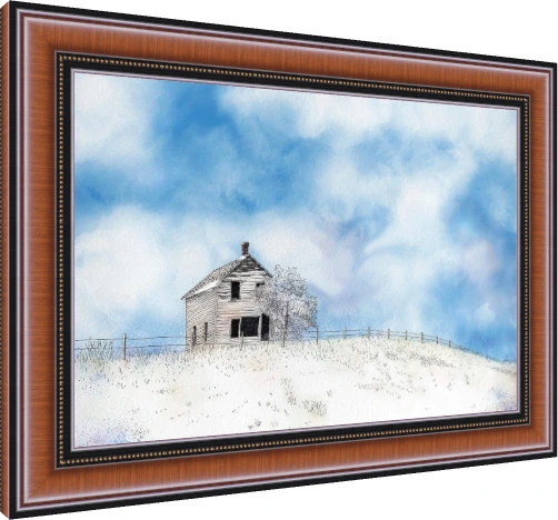 Pen and ink line drawing of a two-story rustic wooden cottage on a snowy hill under a soft blue sky. — photo frame preview | PrintPosters.in
