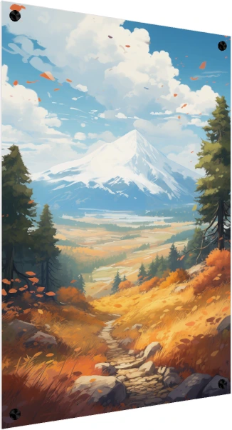 Anime style landscape painting of a majestic snow-dusted mountain rising over a golden autumn valley with a stone pathway. — acrylic preview | PrintPosters.in