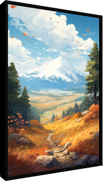Anime style landscape painting of a majestic snow-dusted mountain rising over a golden autumn valley with a stone pathway. — floater frame preview | PrintPosters.in