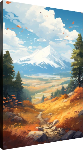 Anime style landscape painting of a majestic snow-dusted mountain rising over a golden autumn valley with a stone pathway. | PrintPosters.in