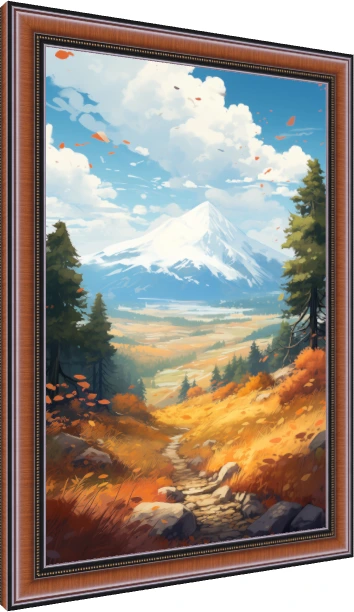 Anime style landscape painting of a majestic snow-dusted mountain rising over a golden autumn valley with a stone pathway. — photo frame preview | PrintPosters.in