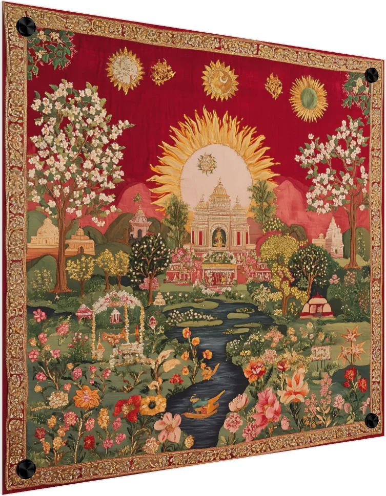 A detailed Pichwai-style tapestry print featuring a central temple under a radiant golden sun, a winding river, and blooming gardens. — acrylic preview | PrintPosters.in