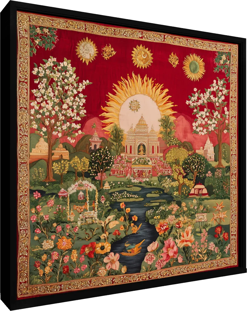 A detailed Pichwai-style tapestry print featuring a central temple under a radiant golden sun, a winding river, and blooming gardens. — floater frame preview | PrintPosters.in