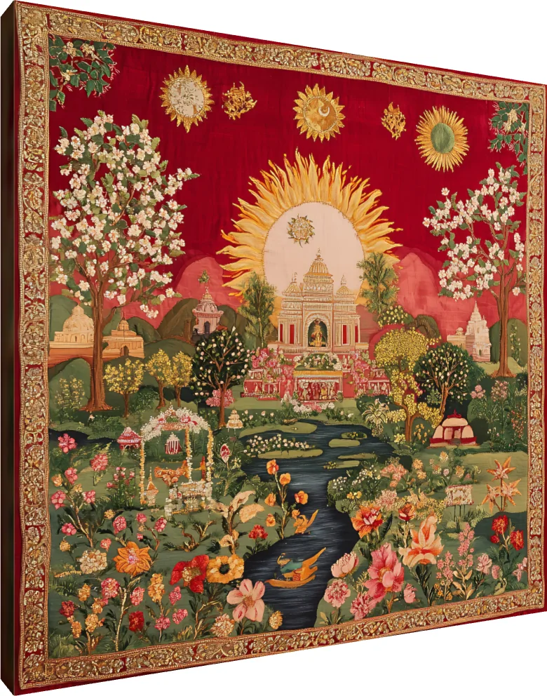 A detailed Pichwai-style tapestry print featuring a central temple under a radiant golden sun, a winding river, and blooming gardens. | PrintPosters.in