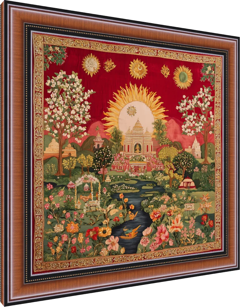 A detailed Pichwai-style tapestry print featuring a central temple under a radiant golden sun, a winding river, and blooming gardens. — photo frame preview | PrintPosters.in