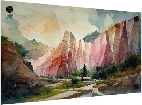 Watercolor artwork of towering pink and terracotta desert canyon rocks under a soft hazy sky with green foliage below. — acrylic preview | PrintPosters.in