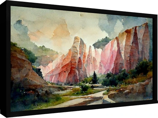 Watercolor artwork of towering pink and terracotta desert canyon rocks under a soft hazy sky with green foliage below. — floater frame preview | PrintPosters.in