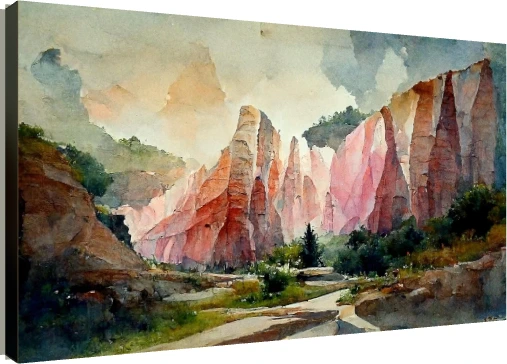 Watercolor artwork of towering pink and terracotta desert canyon rocks under a soft hazy sky with green foliage below. | PrintPosters.in